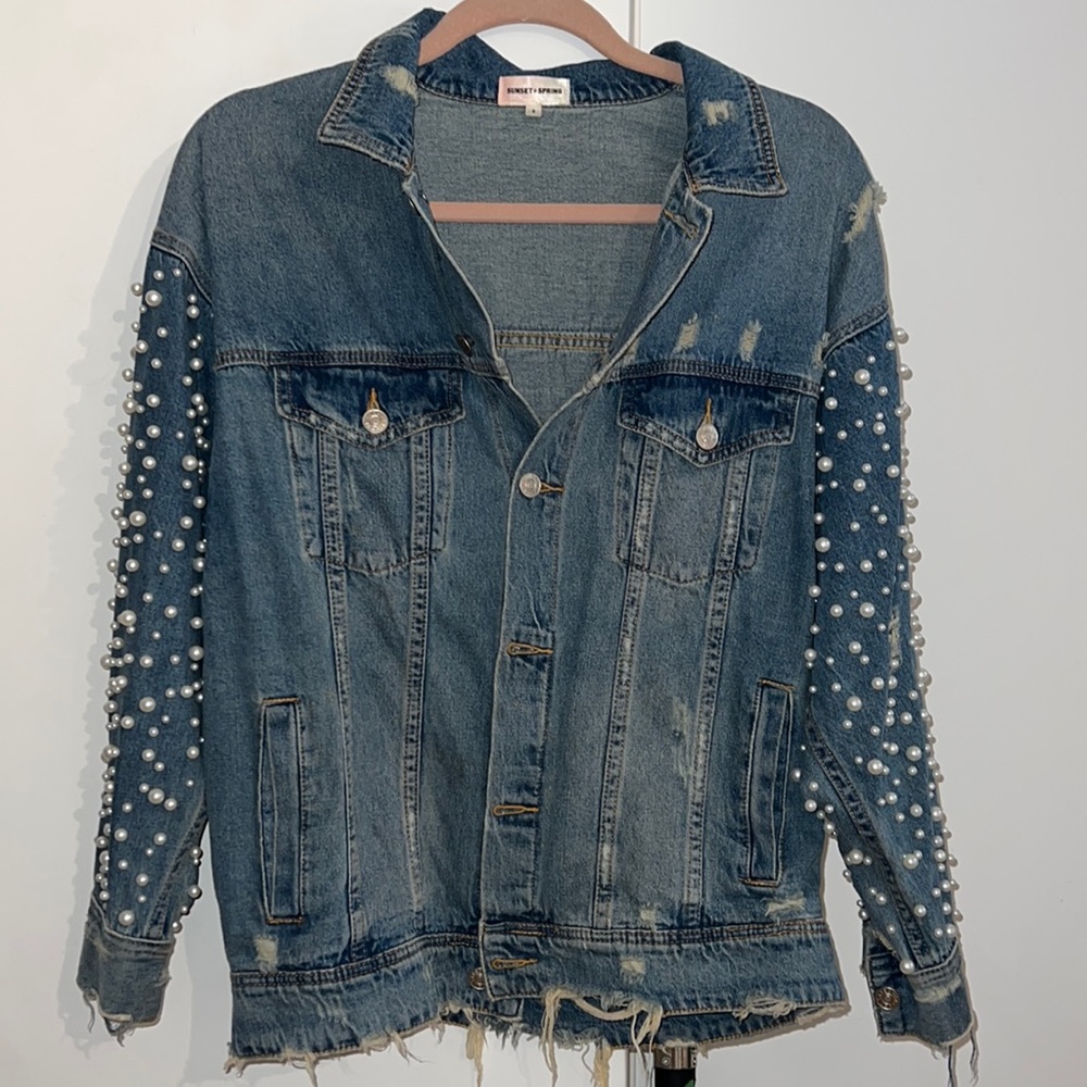 Denim Jacket with Pearl Sleeves size small sunset + spring from Bloomingdale’s